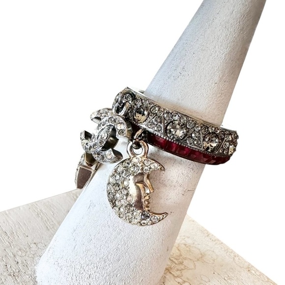 Authentic CHANEL Silver Moon Star CC Crystal Ring Size 6 - Picture 10 of 17